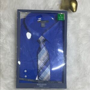 Madison Men's Royal Blue Dress Shirt with Plaid Tie